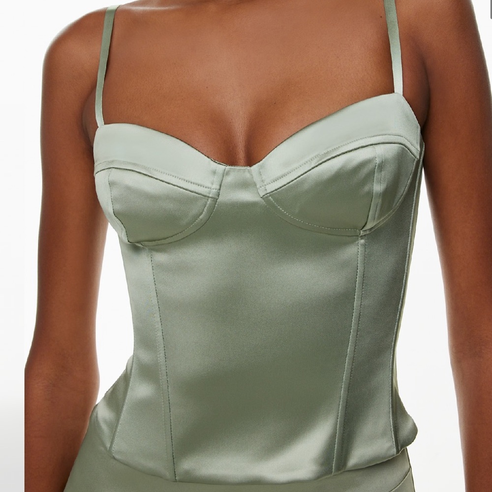 Aritzia Ten Dazzle Satin Bustier Top in Silver Sage Green